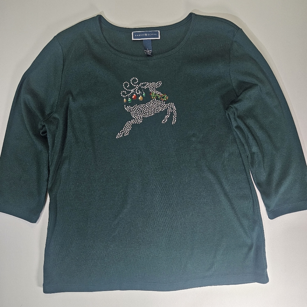 Karen Scott Womens Christmas Top‎ Size Large Green